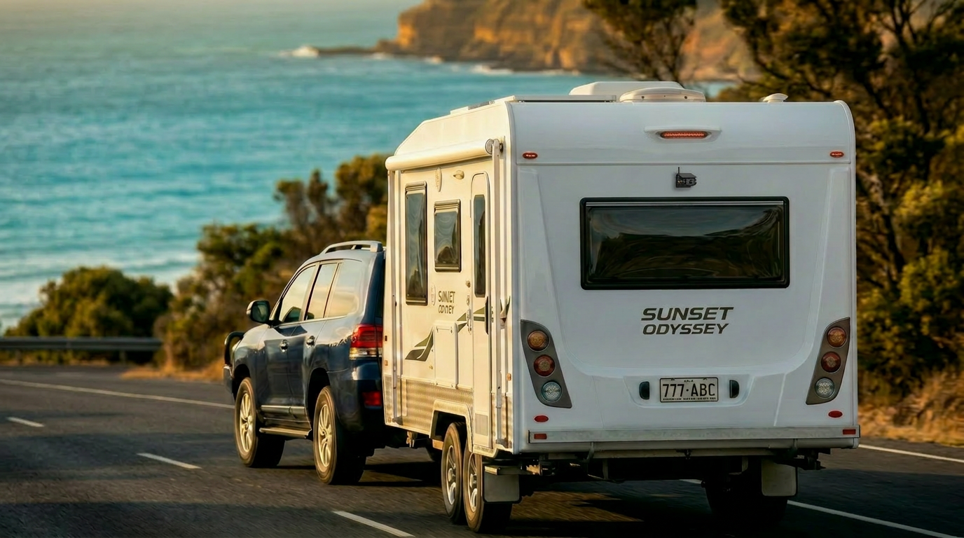 Solar-powered wireless reverse camera mounted on a caravan at sunset